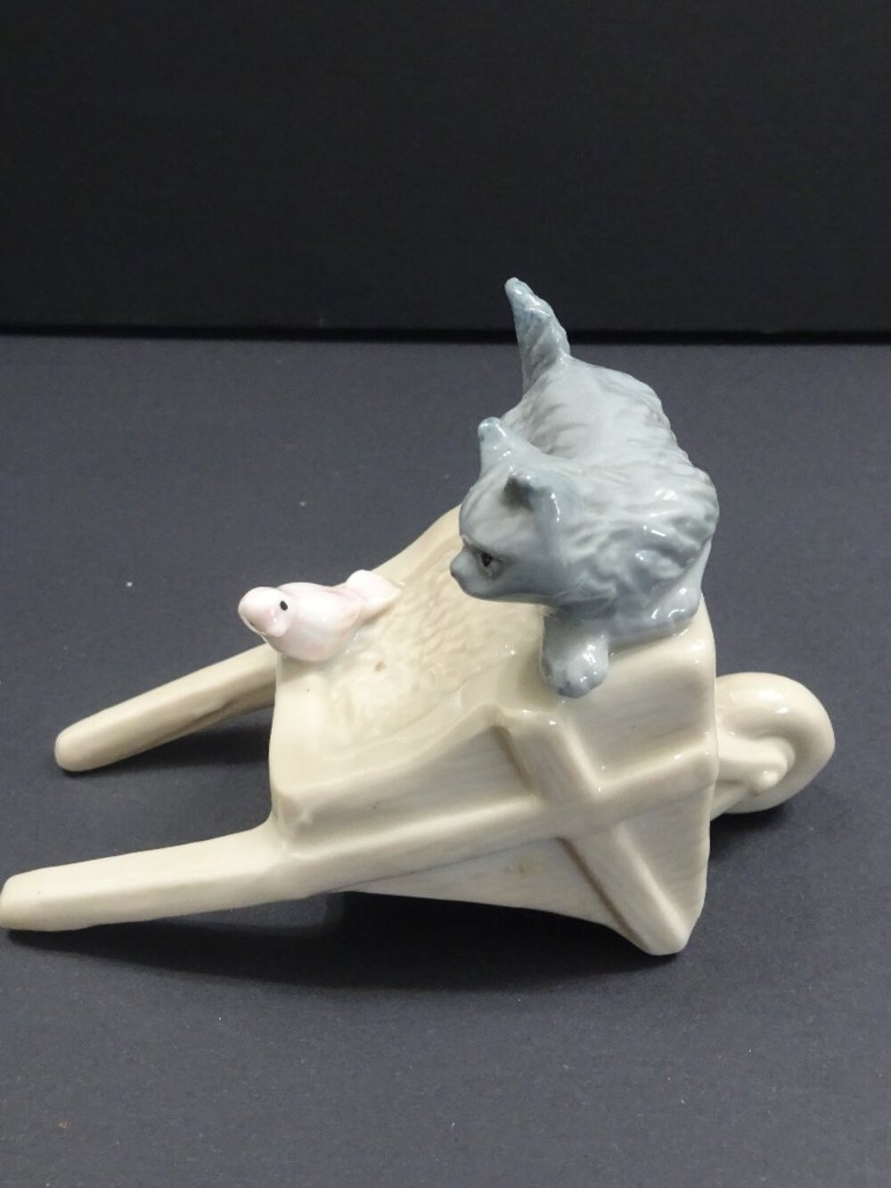Vintage Cat & Bird Wheelbarrow Porcelain Figurine